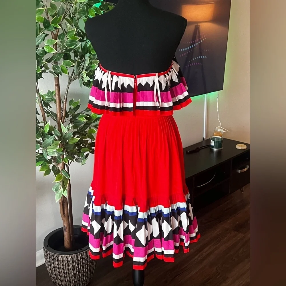 kate spade new york, Geo Border Pleated Dress, Red Strapless size 4